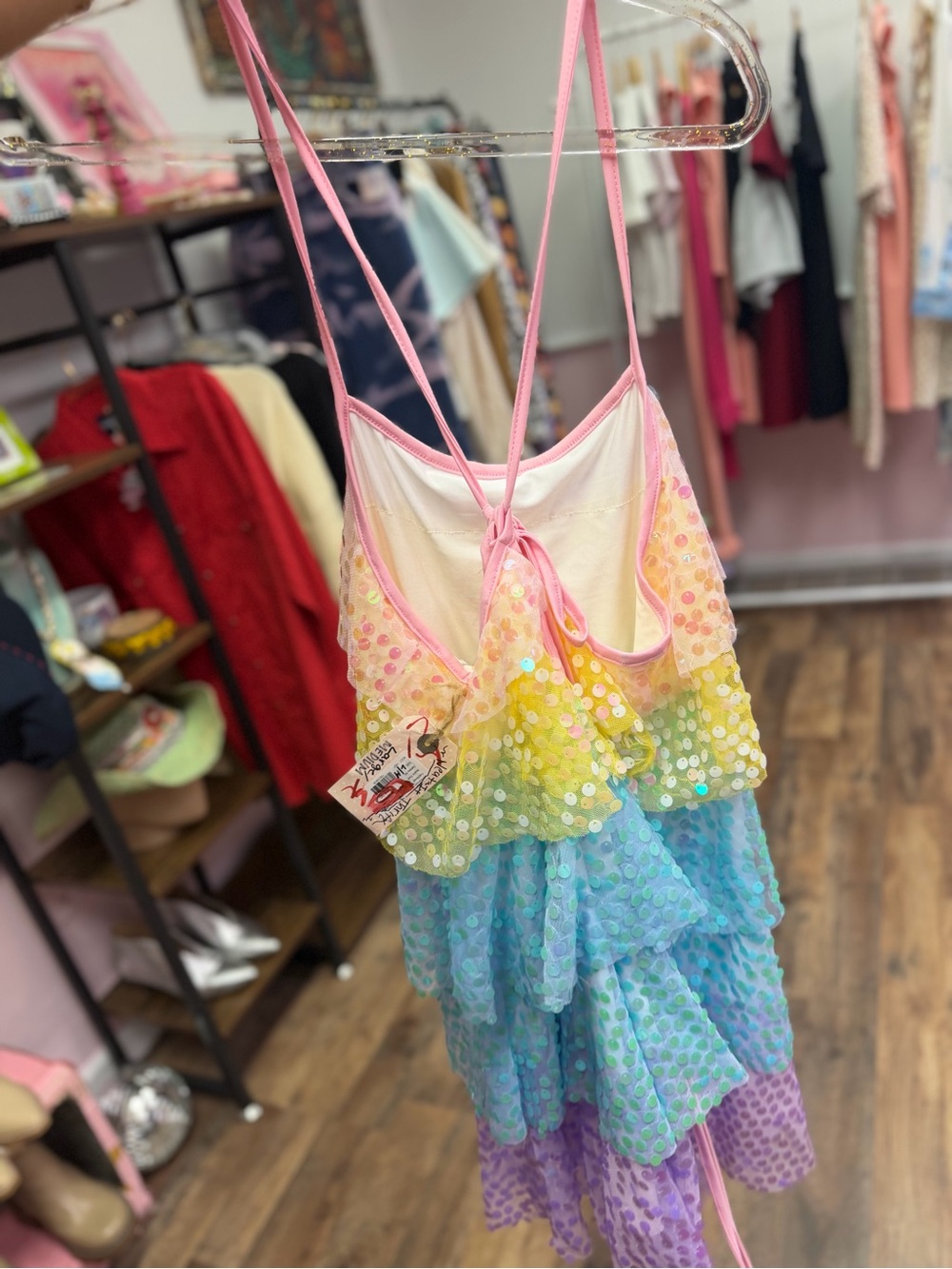 Rainbow Sequin Tiered Ruffle Mini Dress - Picture 6 of 8